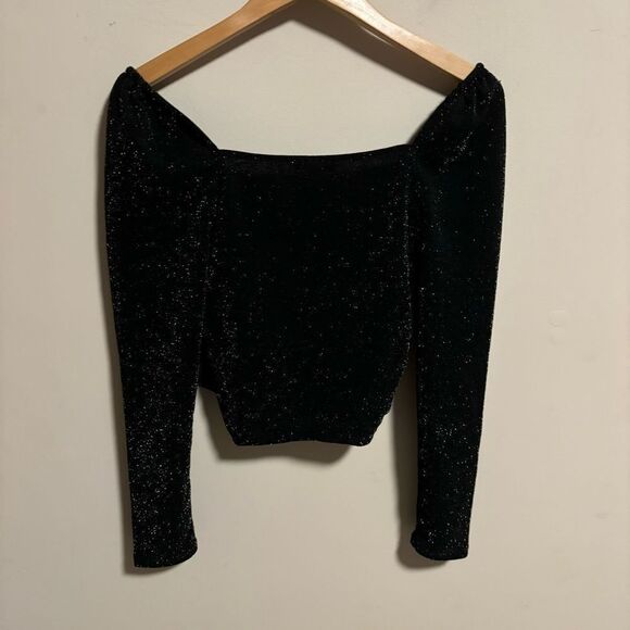 1.State Cropped Textured Wrap Top Black Glitter Shimmer- Size Small - Picture 4 of 8
